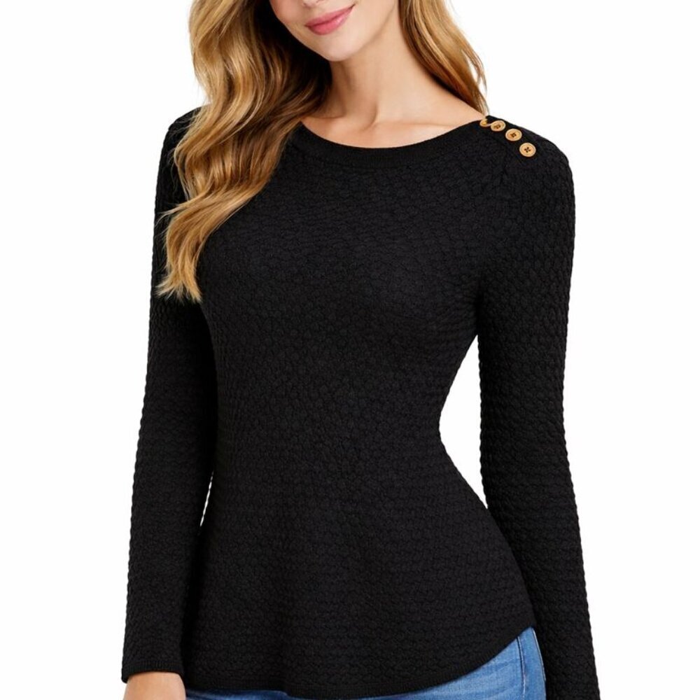 Lucy & Laurel Womens Black Textured Knit Pullover Sweater Button Shoulder Size L